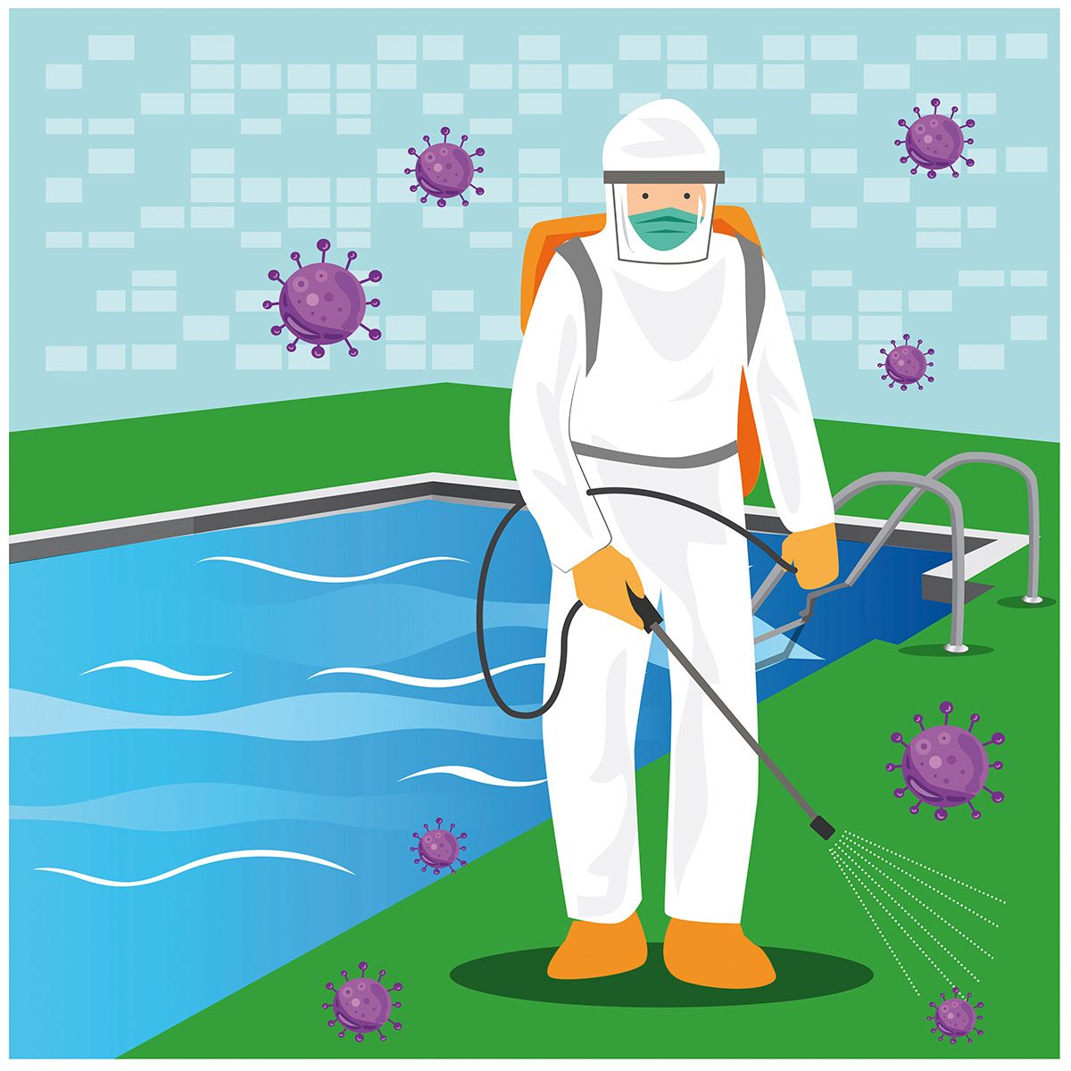 Vector illustration of a coronary injection (Covid-19) personnel sterilizing spray Around the pool.